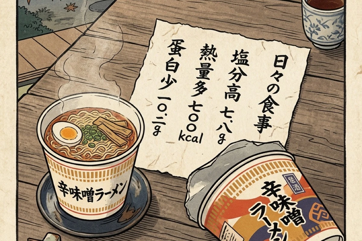 カップ麺の塩分・カロリー・たんぱく質の数値が書かれたメモと食品パッケージの俯瞰