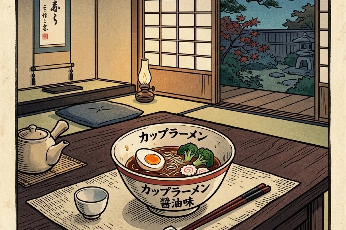 カップ麺に卵と冷凍ブロッコリーを加えた食卓