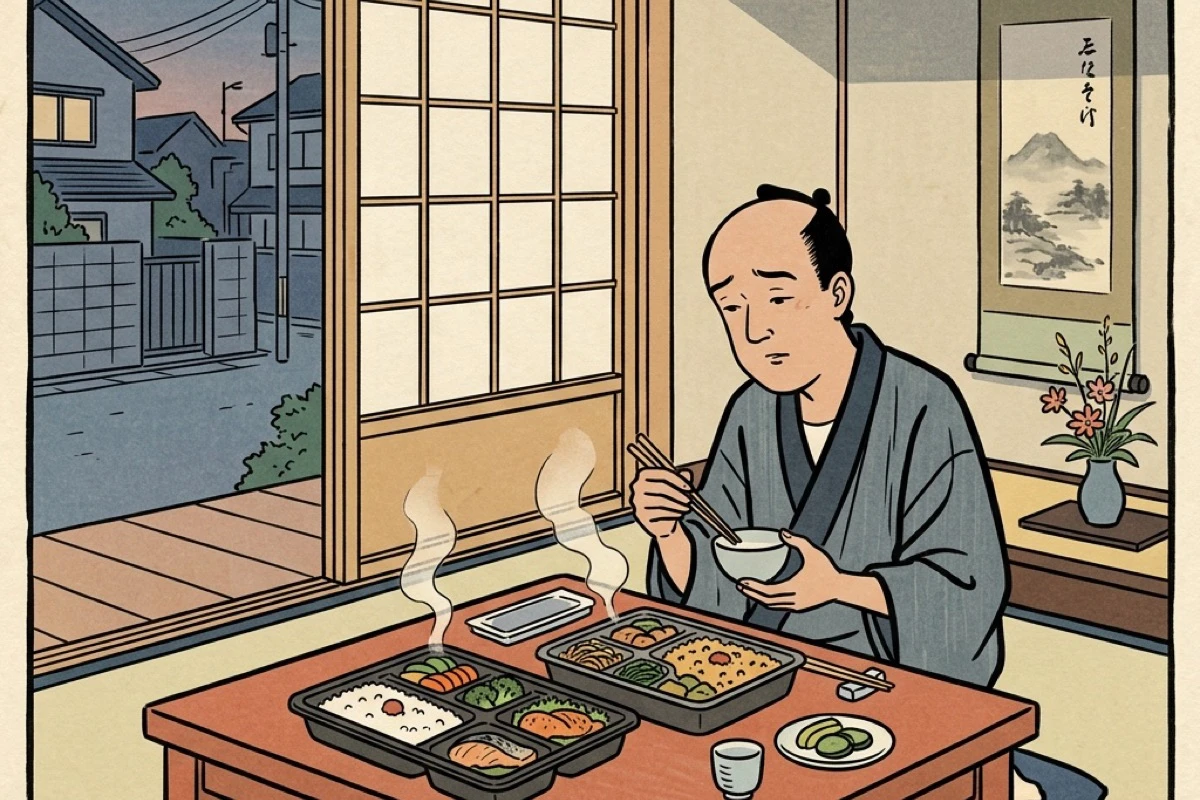 電子レンジ調理と宅食が並んだ一人暮らしの食卓
