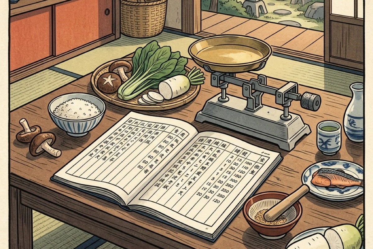 カロリー計算ノートと食材の俯瞰