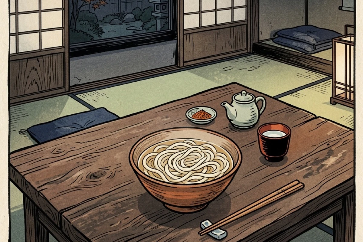 麺だけの食卓俯瞰。野菜も肉もない、炭水化物に偏った一人の食事