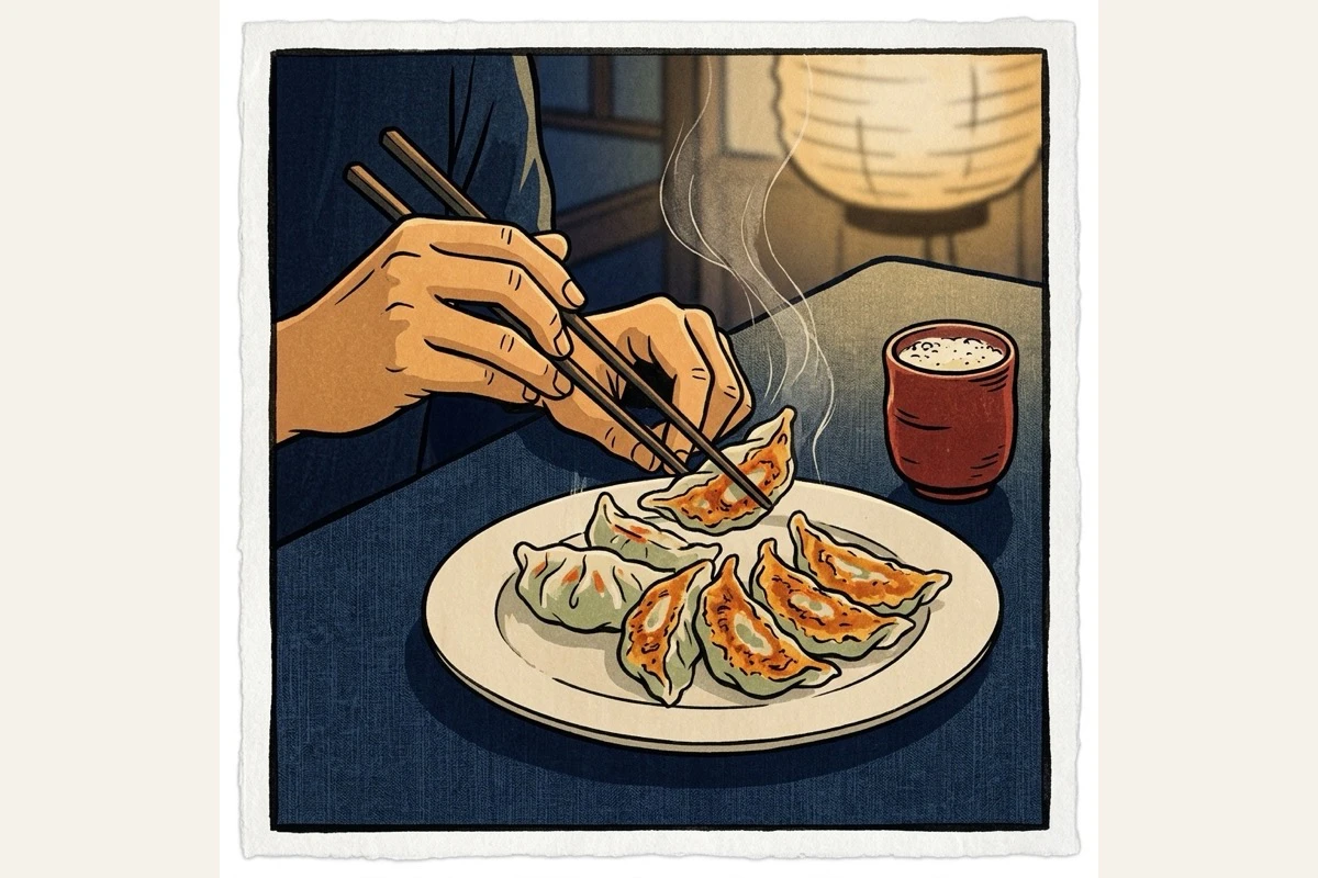 皿に並んだ焼きたての餃子とビールを楽しむ晩酌のワンシーン