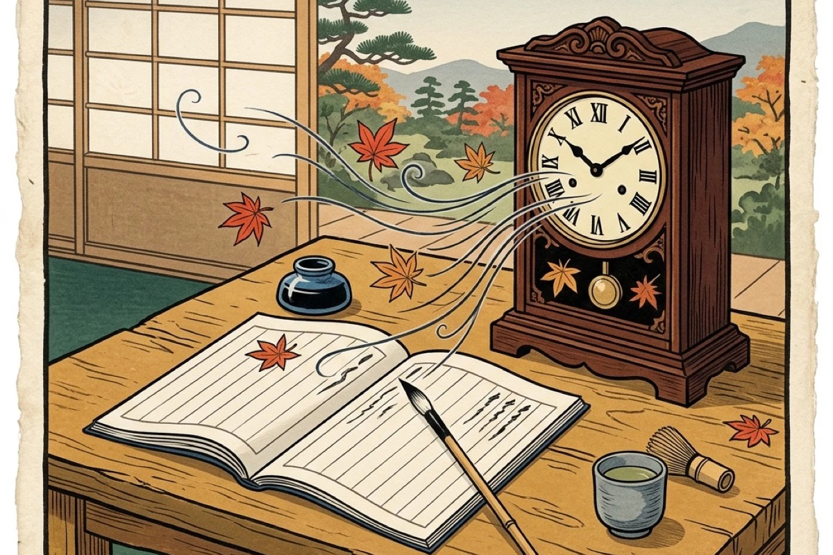 テーブルに広げた手帳と時計。時間が手元に戻る感覚を俯瞰で描く