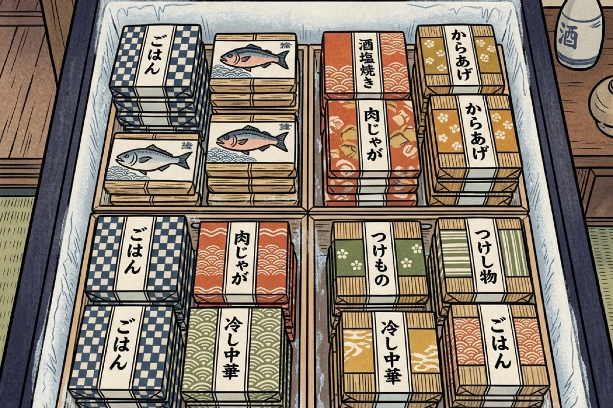 冷凍庫に冷凍弁当が整然と並ぶ俯瞰。帰宅後の食べるものがある状態が作れた安心感
