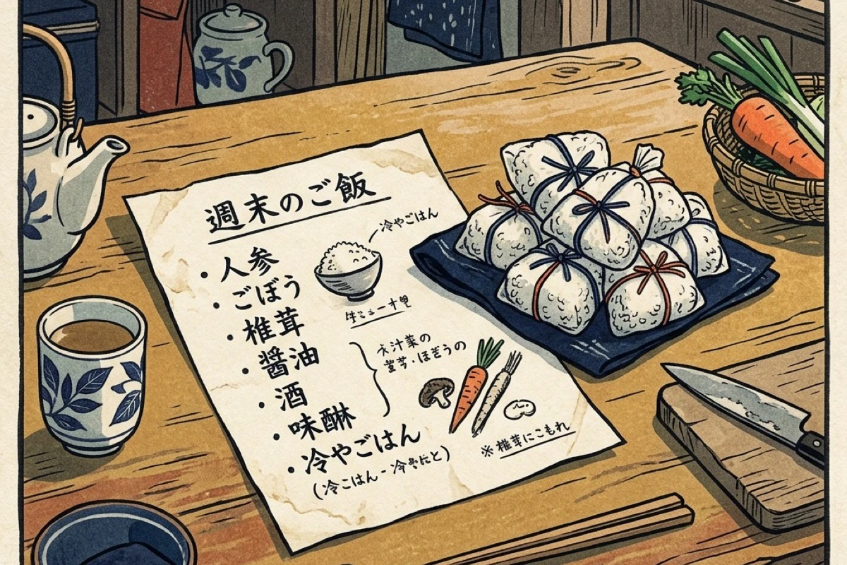日曜の作り置きメモと冷凍ごはんの俯瞰。月曜の夕食を事前に確保する作戦の全体像