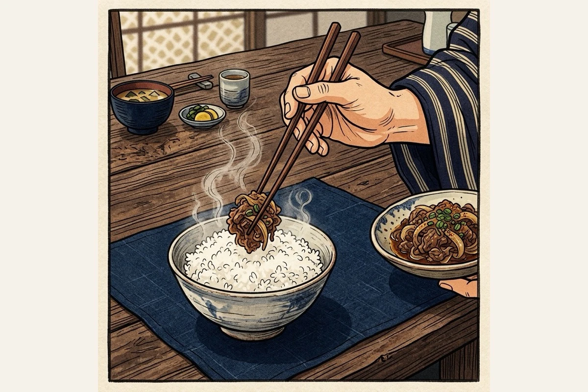 白飯にご飯のお供を程よい量だけ乗せた食卓を手元クローズアップで捉え、彩りよく美味しそうに見える構図