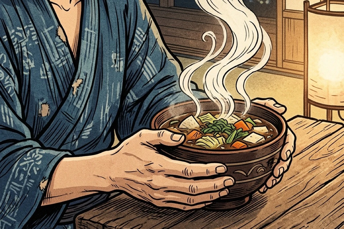 レンジで温めた野菜スープを手元で食べる夜の食卓