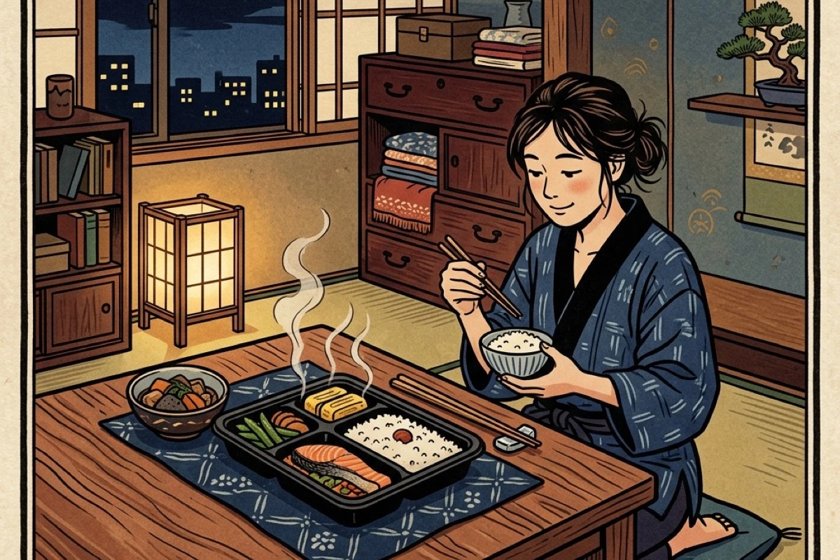 一人暮らしの夜の食卓に冷凍宅食と小鉢が並ぶ