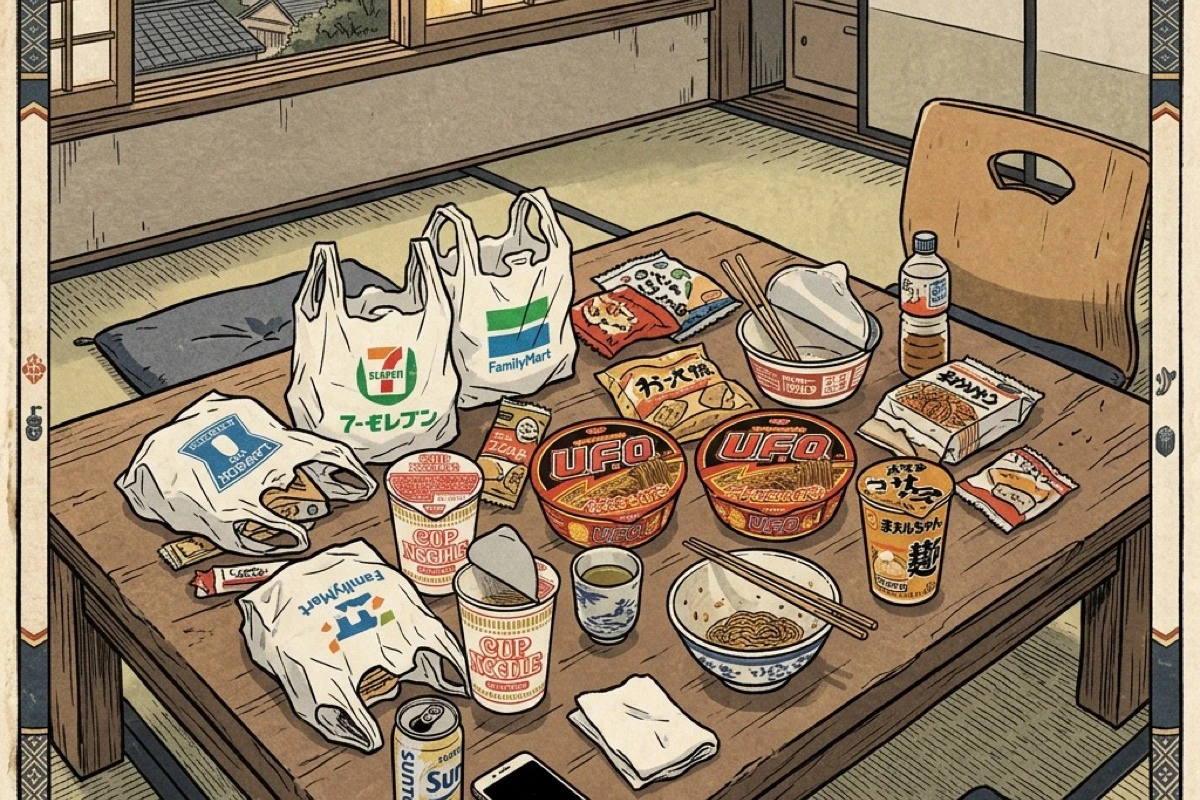 コンビニ袋と袋麺が並んだテーブルの俯瞰。一人暮らしの食卓が崩れていく様子