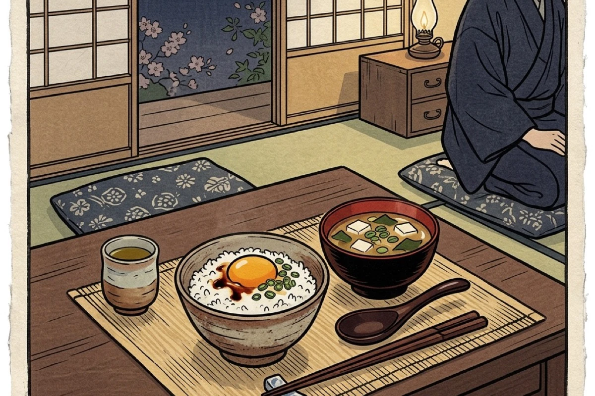 シンプルな食事が整った一人の食卓。卵かけごはんと味噌汁。これでいいという安心感