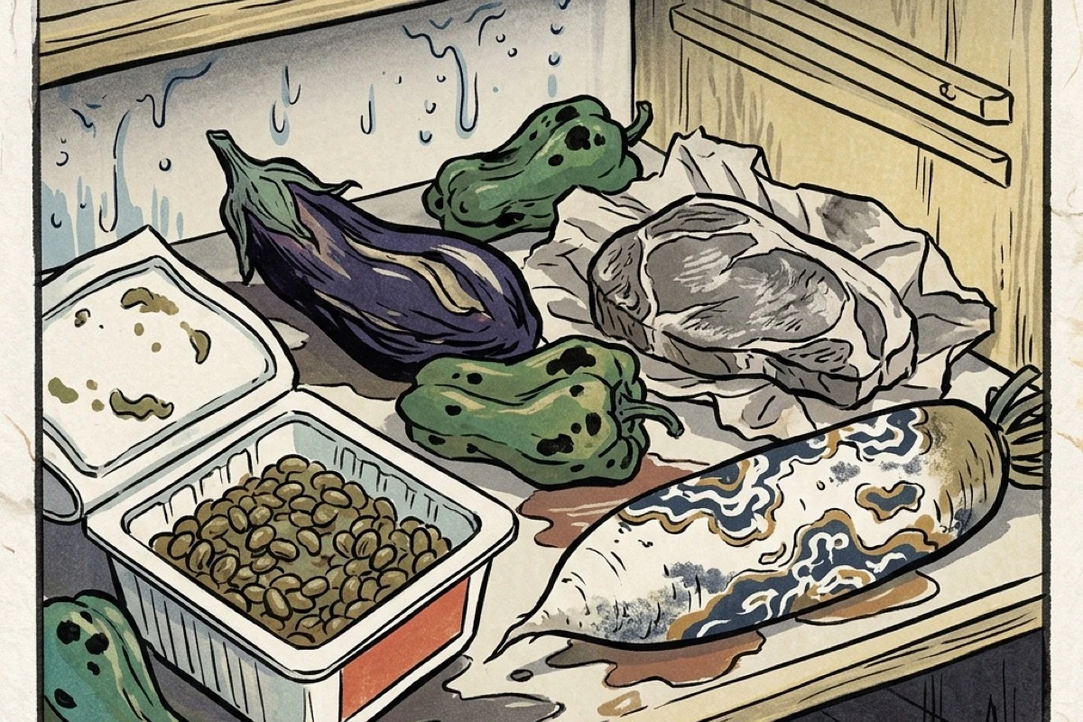 冷蔵庫の奥で傷んだ野菜と肉。食材ロスの現実を俯瞰で描く
