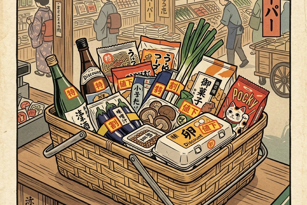 スーパーのカゴに特売品と必要のない食材が積み重なった俯瞰