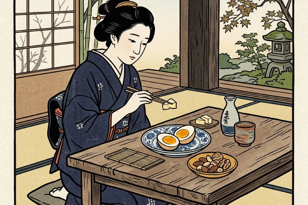 ゆで卵・ナッツ・チーズが並ぶ間食用の小皿