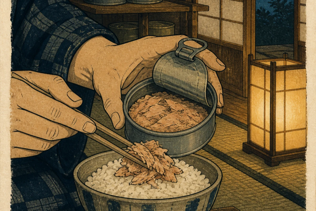 棚の下段に積まれた缶詰ケースを背景に、缶を開けてほぐした身を白飯に乗せる手元