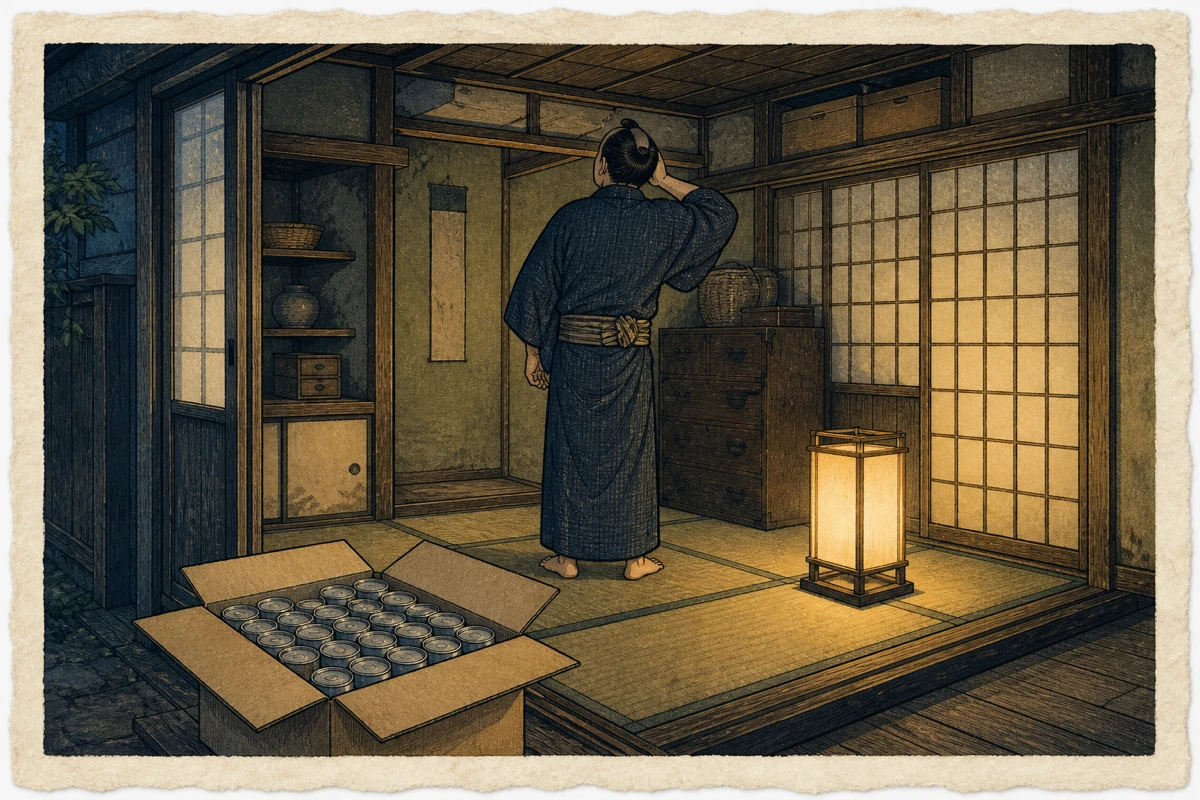 24缶入りの段ボールが届き、収納場所を探して部屋を見回す後ろ姿