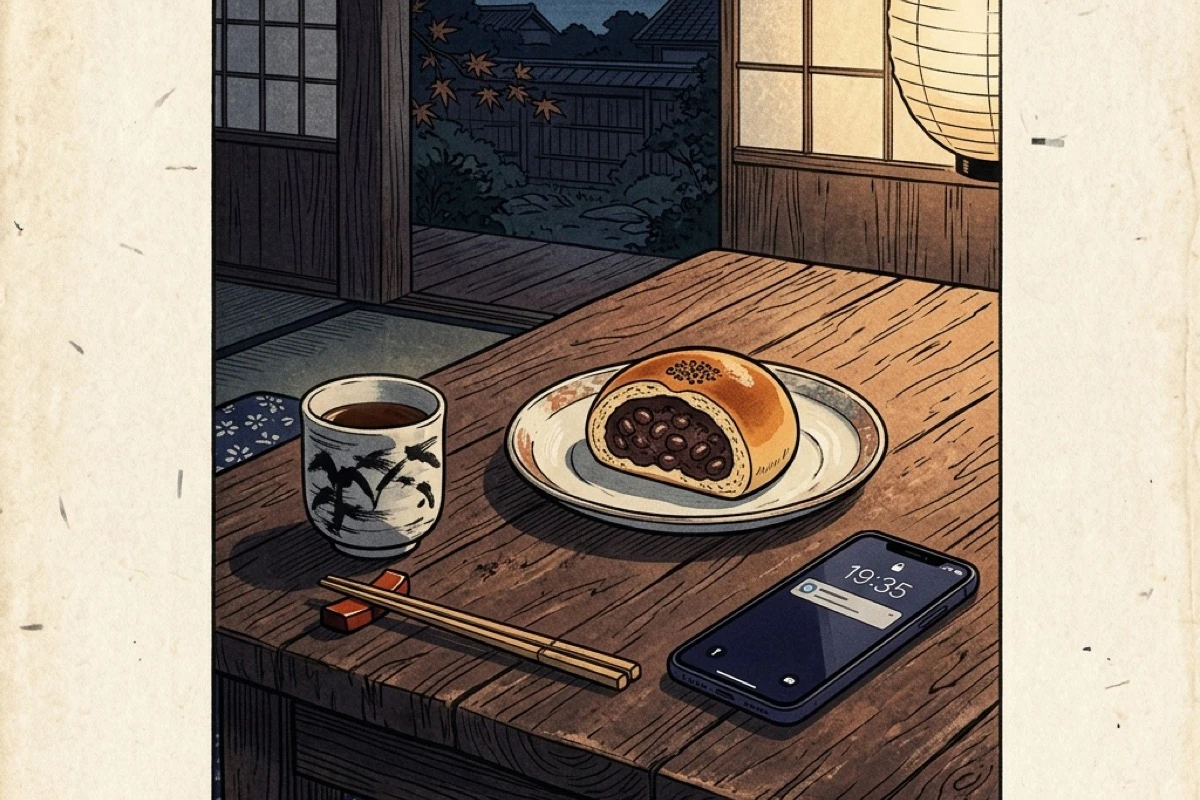 スマホを横に置いた一人の夜の食卓。コンビニパンだけが置かれている。孤食の現実