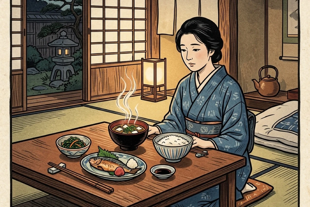 整えられた一人の夜の食卓。主菜・野菜・汁物がそろう。自分のために作った静かな食事