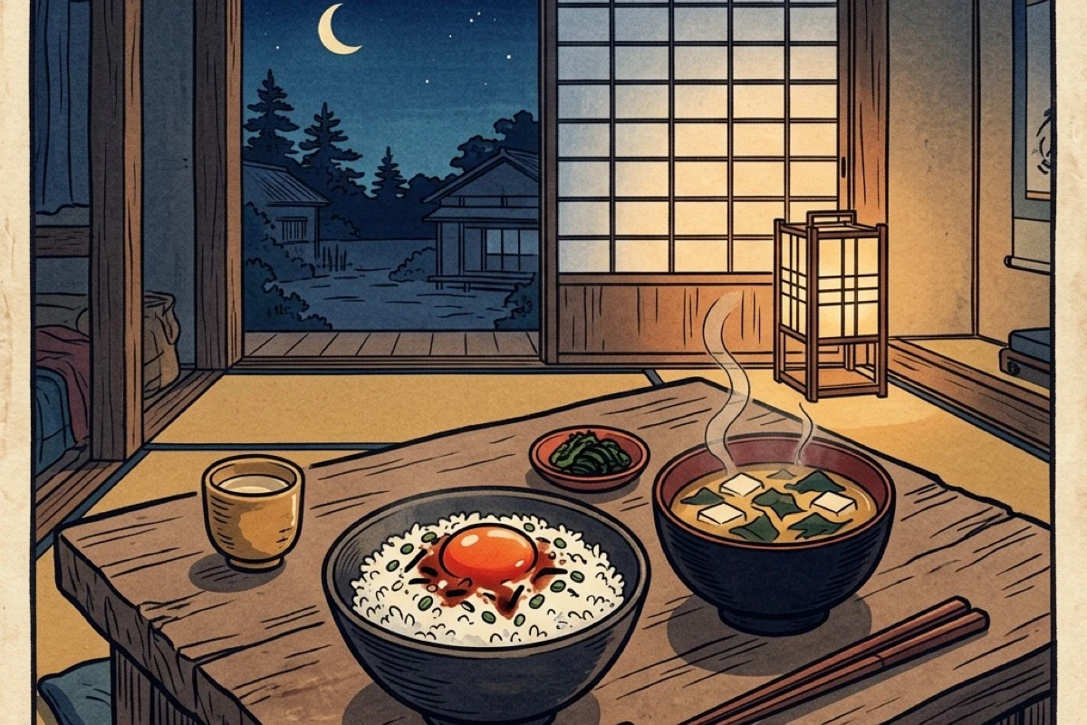 テーブルに置かれたシンプルな一人飯。汁物と卵。休日の夜の静かな食卓