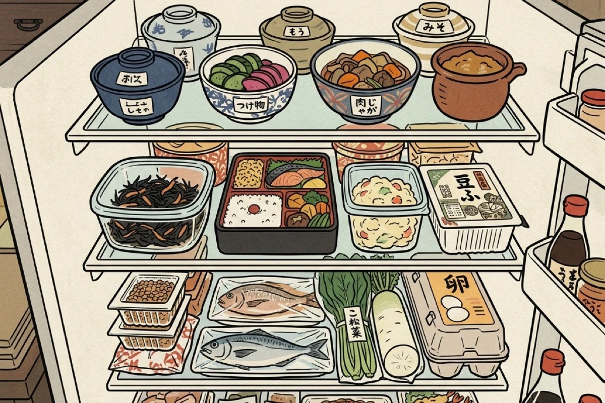 冷蔵庫に作り置きと惣菜が並ぶ俯瞰。作る日・買う日・温める日の食材が準備されている