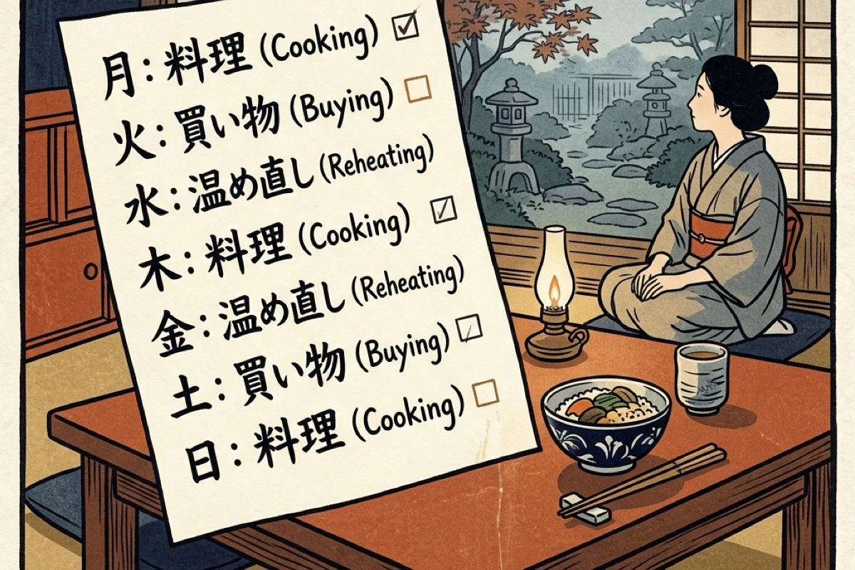 週の食事運用表が貼られたテーブル。作る・買う・温める日が整理された一人の暮らし