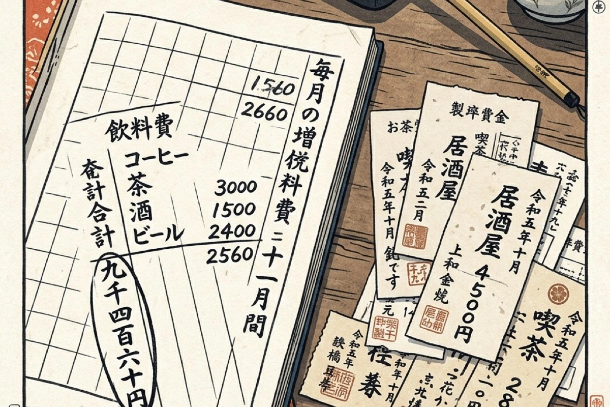 飲み物代の月額計算メモと領収書の俯瞰