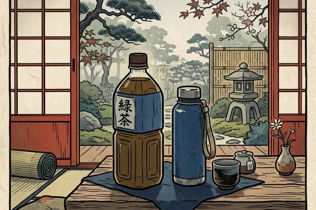 2Lお茶ストックと水筒が並ぶテーブル