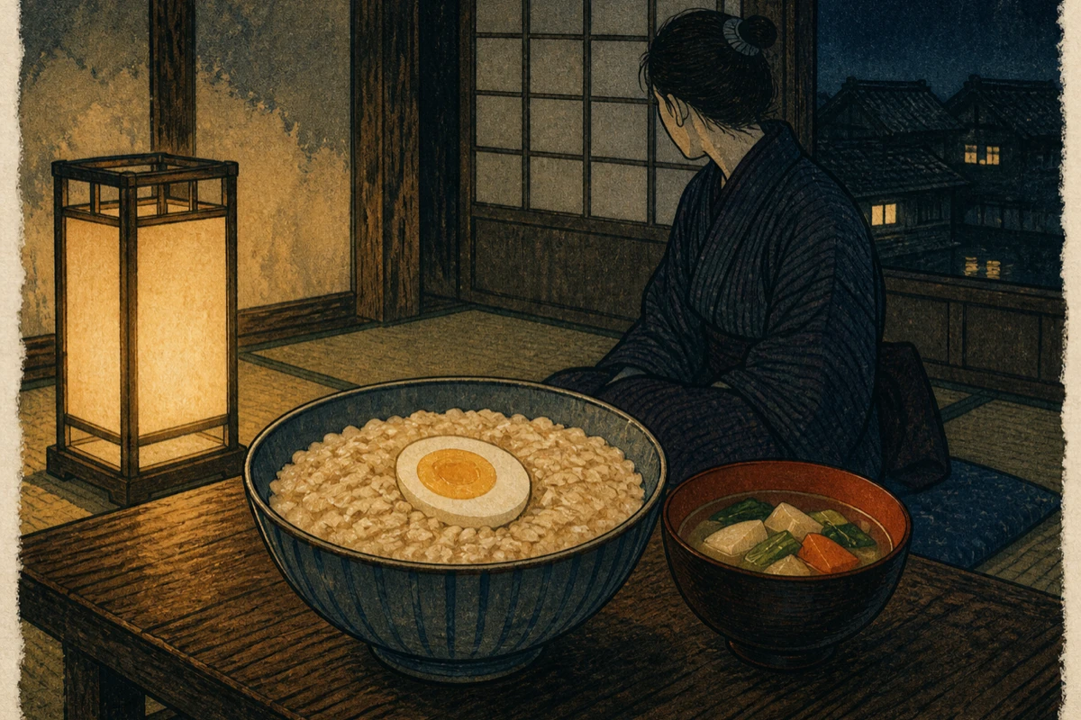 深めの丼に盛ったオーツ麦の米化に、ゆで卵とカット野菜の椀を添えた夜の食卓