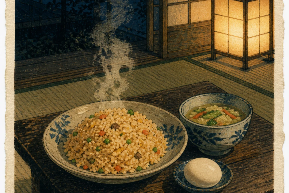 皿に盛った冷凍チャーハンと、横のカット野菜のスープの椀・ゆで卵。遅い時間の一人の食卓
