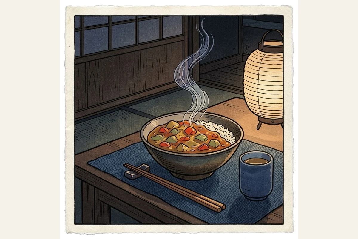 湯気の立つレトルトカレーとご飯を並べた食卓のクローズアップ