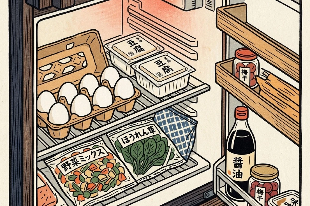 冷蔵庫の中の卵・豆腐・冷凍野菜の俯瞰