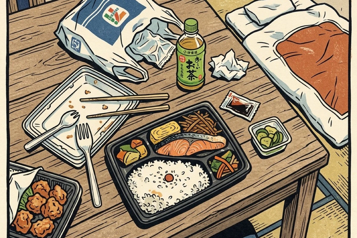 コンビニ弁当とコンビニ袋だけが並ぶ一人暮らしの夜の食卓