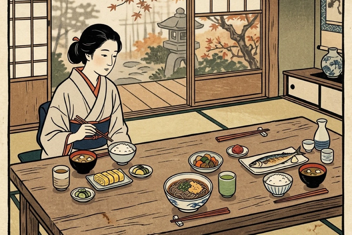 朝・昼・夜の食事が整ったテーブル。シンプルな型を持った一人の食事