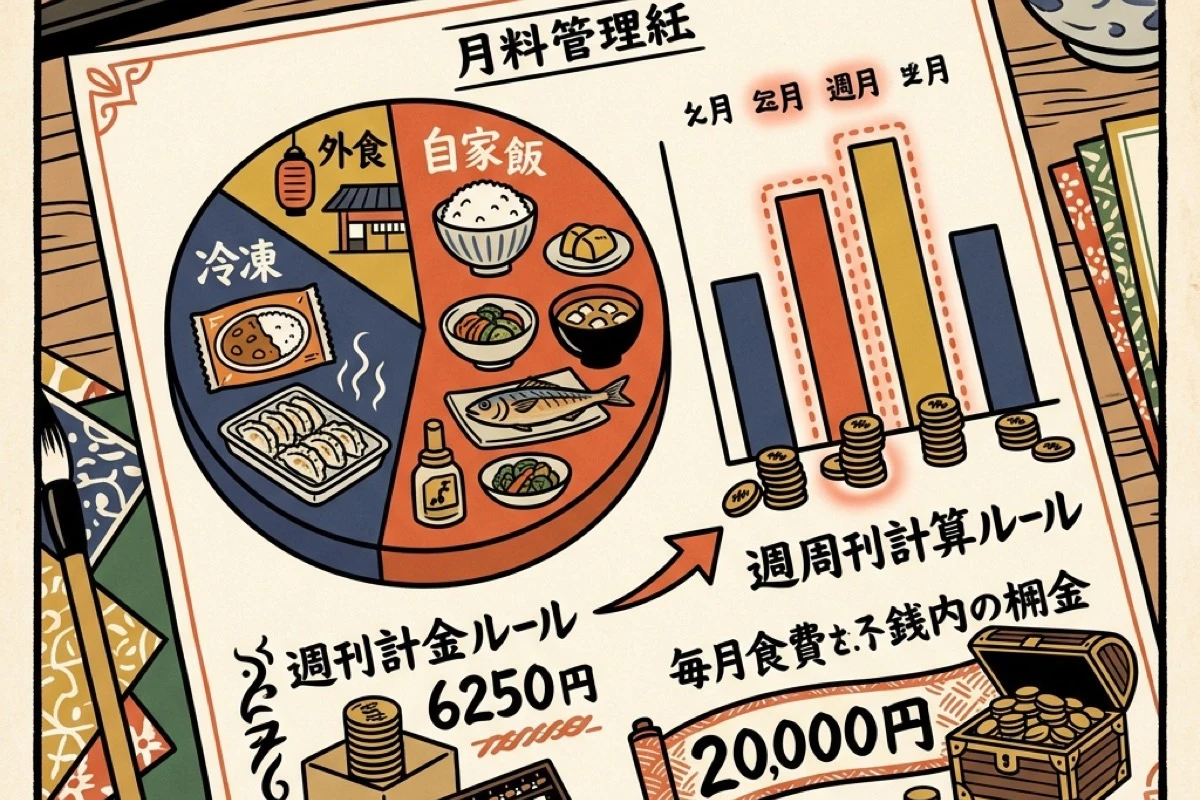 自炊・宅食・外食の比率を書き込んだ月間食費管理メモの俯瞰