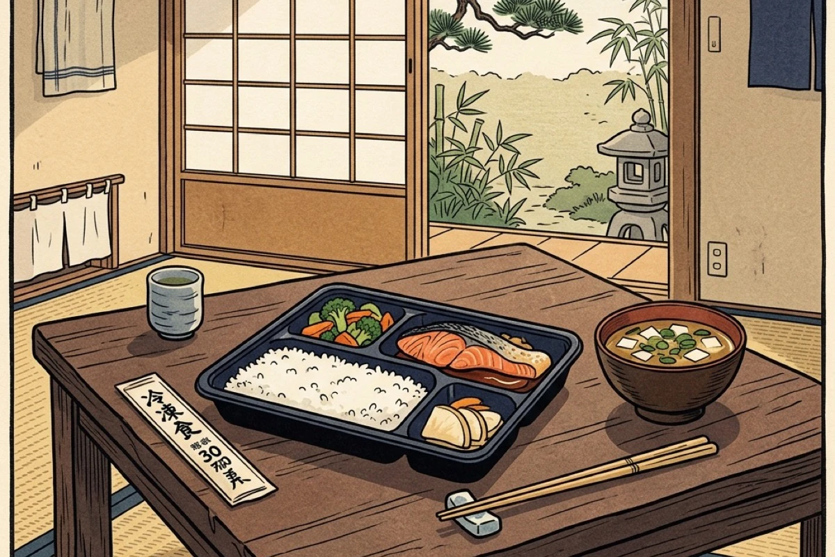 シンプルな自炊の夕食が並ぶテーブル