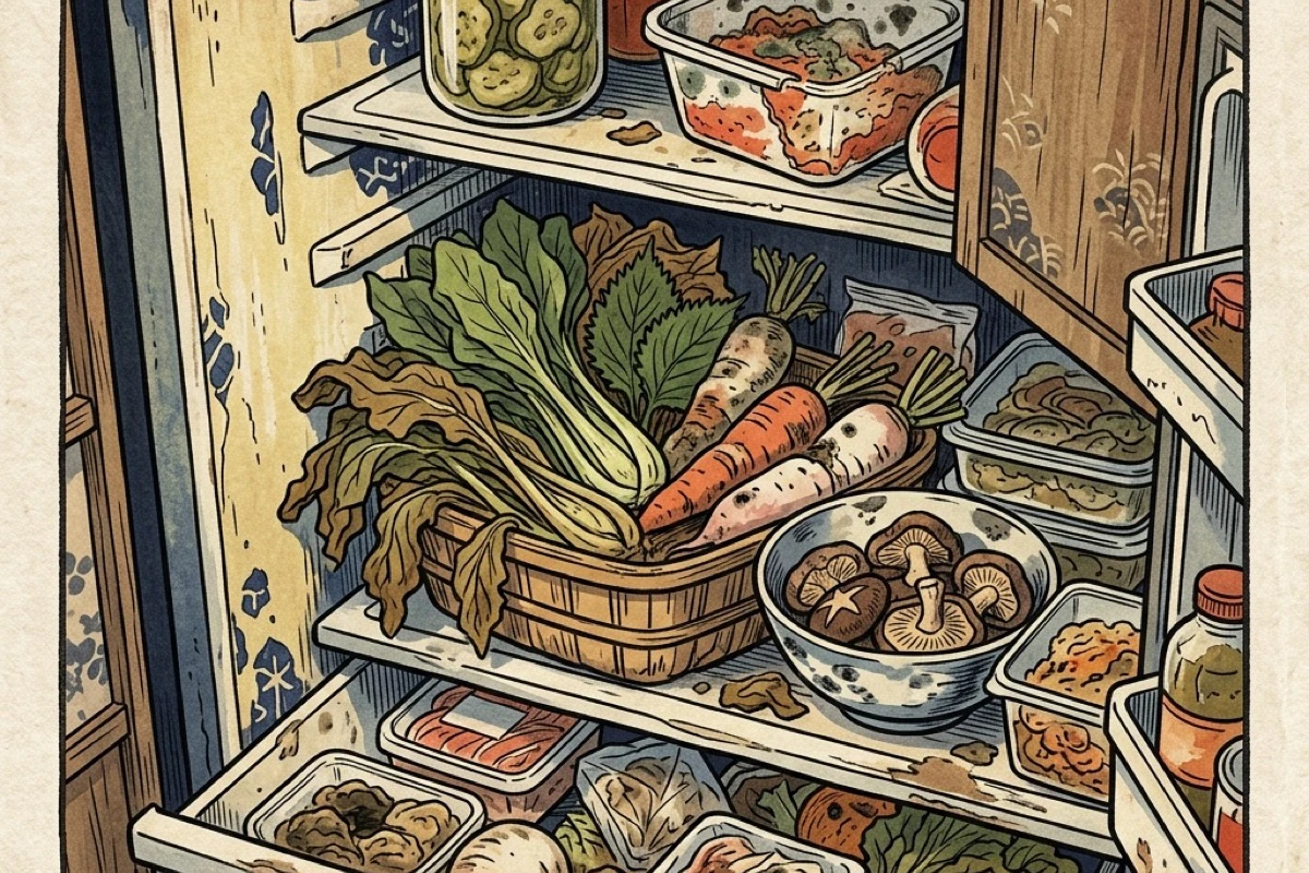 しなびた野菜と傷んだ食材が並ぶ冷蔵庫の俯瞰。食材ロスの現実
