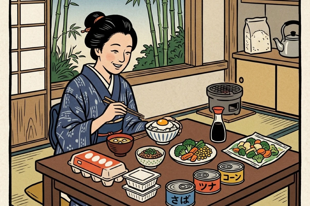 卵・納豆・缶詰・冷凍野菜を軸にした保存食材が並ぶ食卓