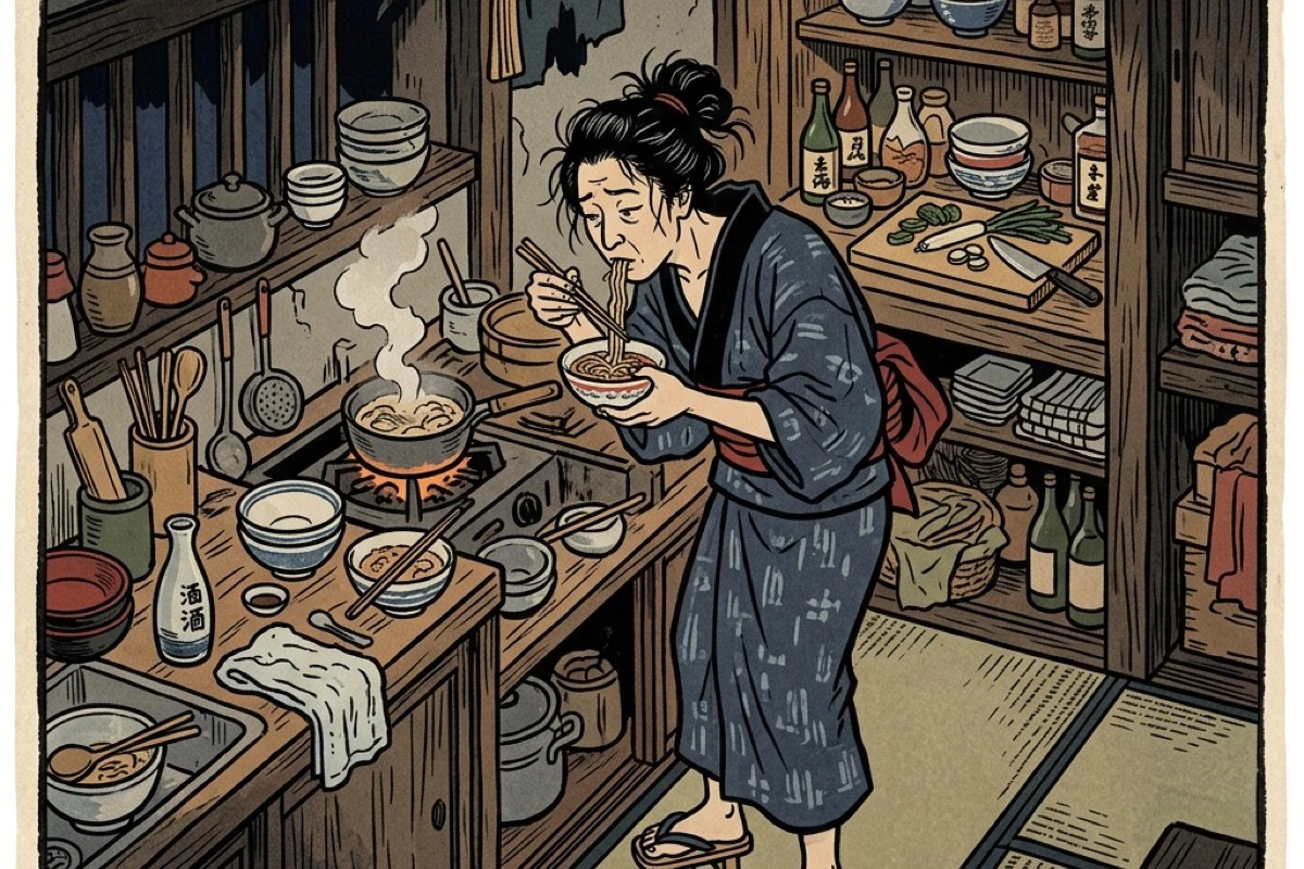 台所に立ったまま急いで食べる夜食の俯瞰。時間がなく食事を済ませる一人の現実
