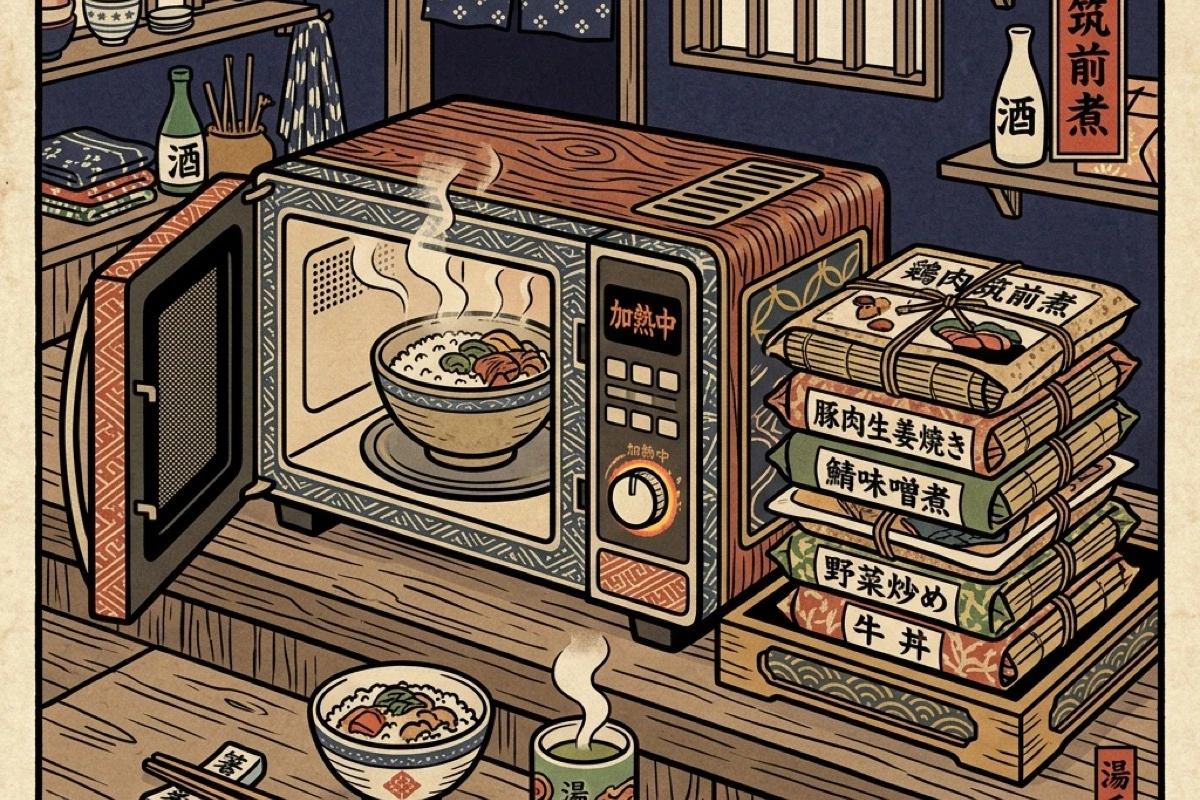 電子レンジと冷凍食品が整然と並ぶ俯瞰。5分で食事が完成する時短設計の現実