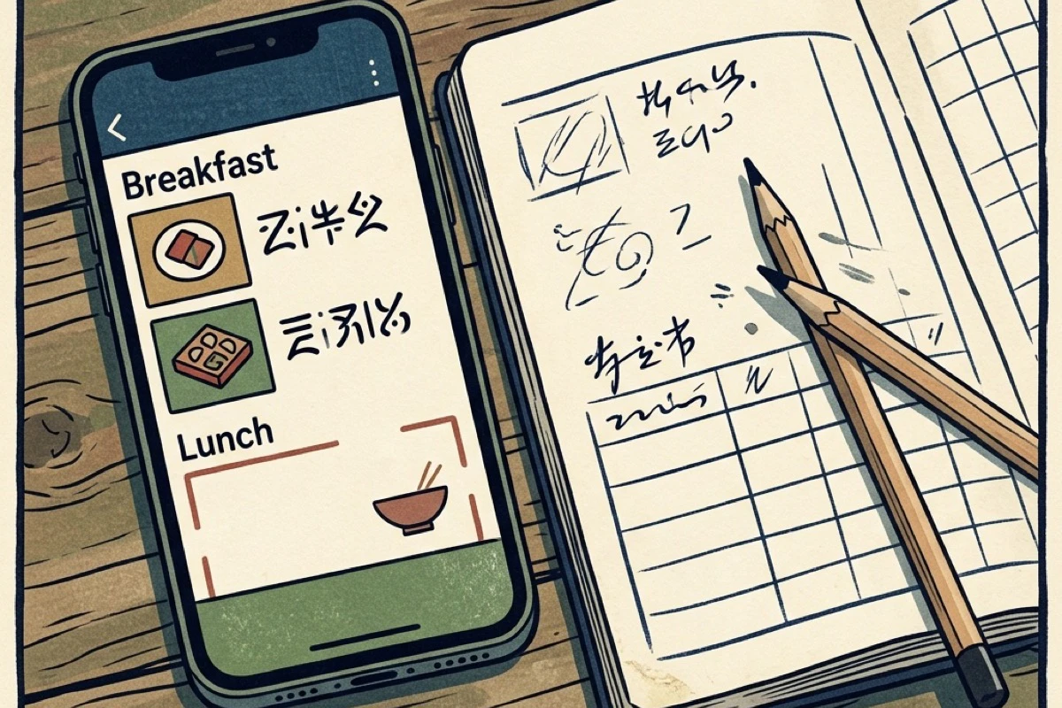 スマホの食事管理アプリと記録ノートの俯瞰。途中で止まった管理の形跡