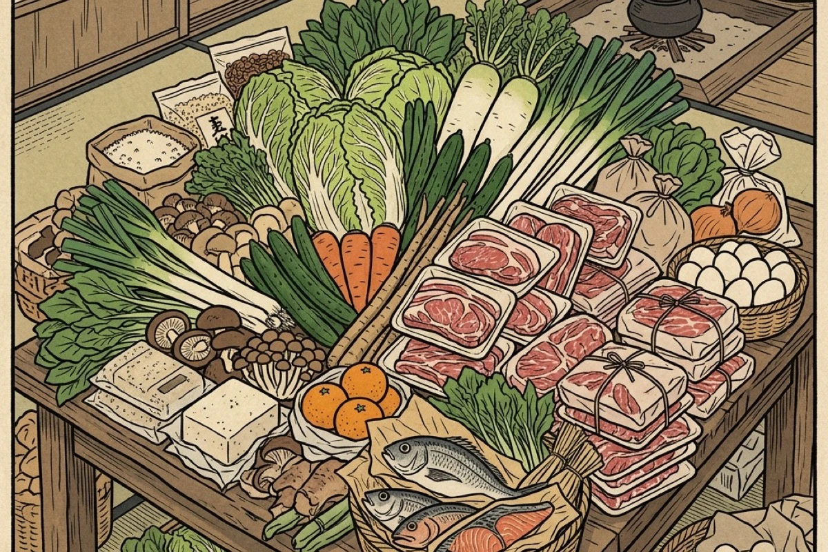 大量に買い込まれた食材の俯瞰図