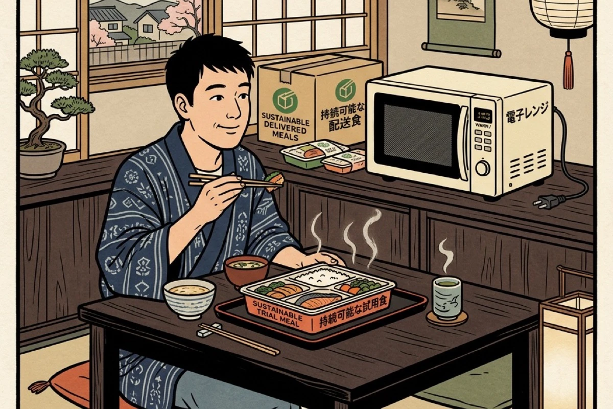 お試しセットの宅食弁当を電子レンジで温めて食べている一人暮らしの食卓