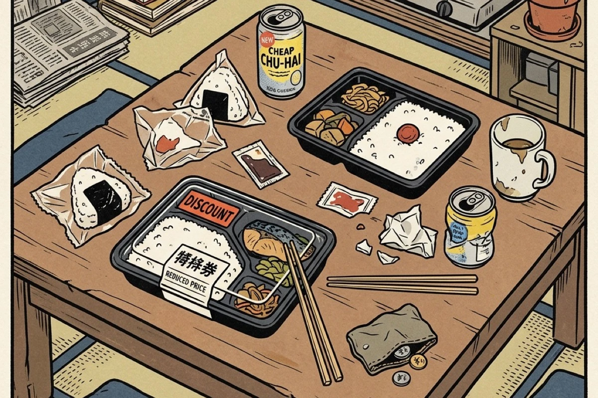 単身の部屋でコンビニ弁当を食べる夜の食卓