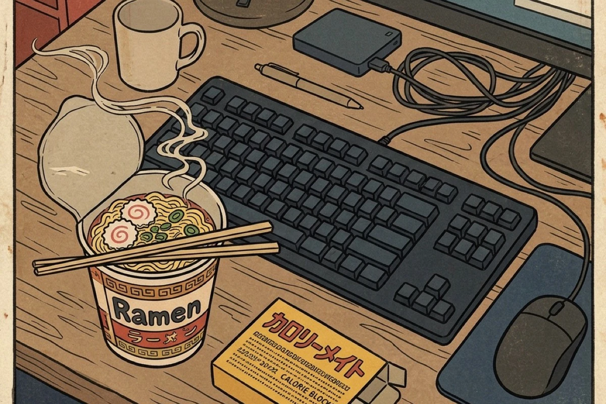 テレワーク中の昼食の俯瞰。カップ麺とカロリーメイトが並ぶ。毎日の昼食が面倒になっ