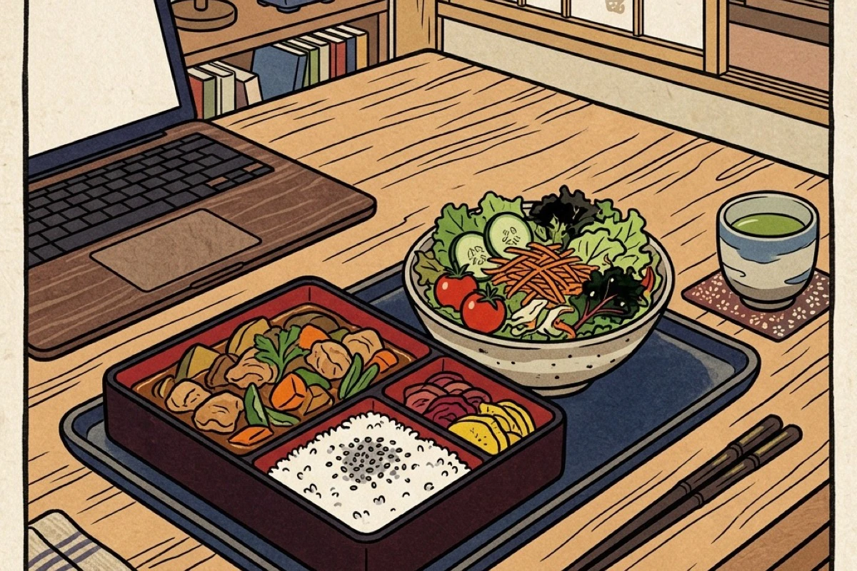 テレワーク昼食が整った食卓。レンジで温めた冷凍弁当とサラダ。仕組みで解決した在宅