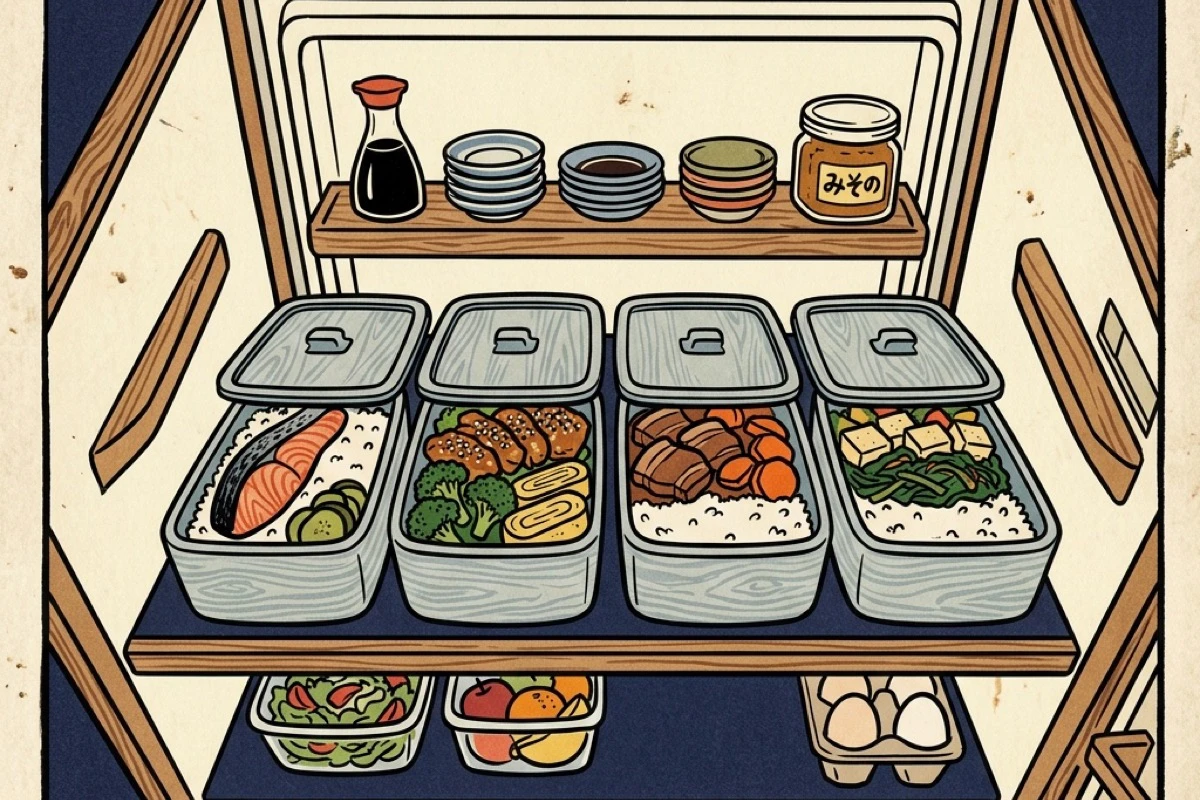 冷蔵庫に4食分の作り置きが整然と並ぶ食卓