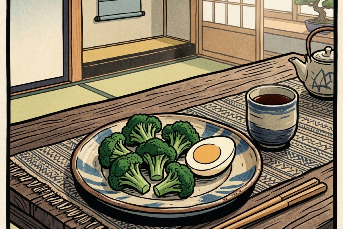 冷凍ブロッコリーと卵が並ぶシンプルな食卓。続けられる野菜摂取の形