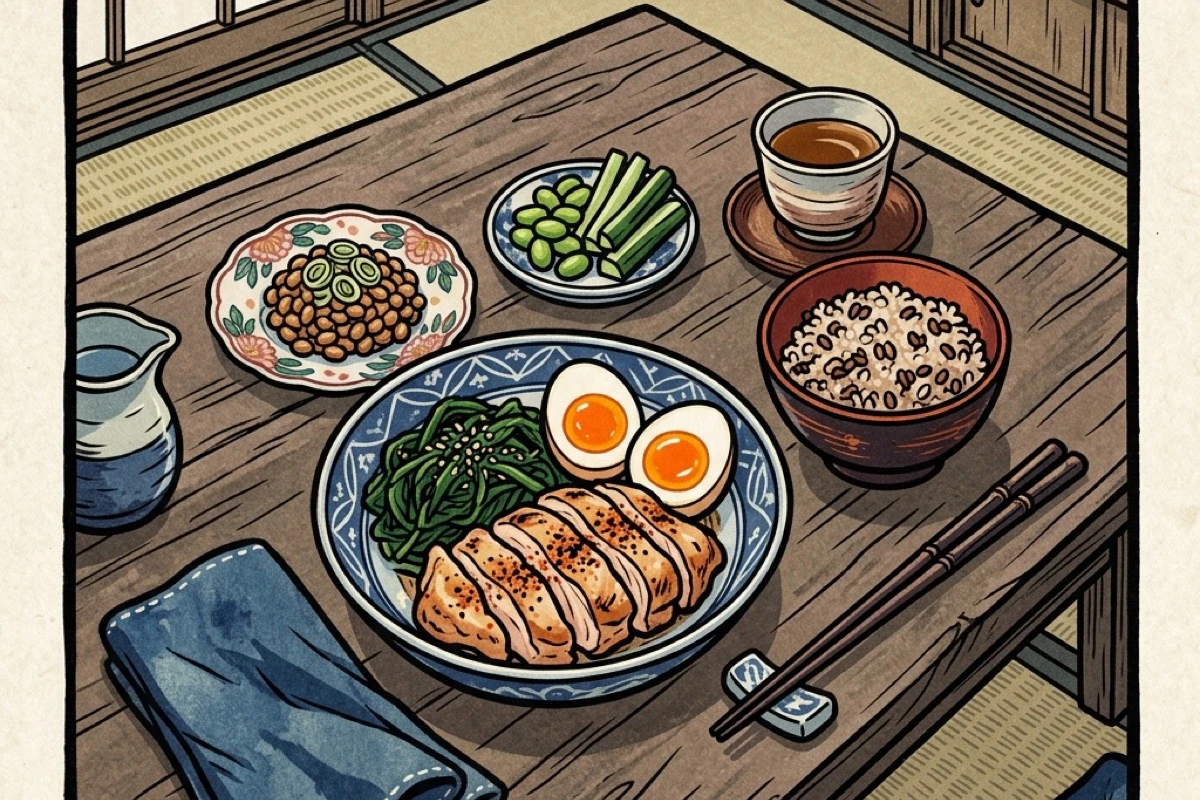 夕食に鶏むね肉と卵が加わったタンパク質強化の食卓。夜食への衝動を抑える夕食設計