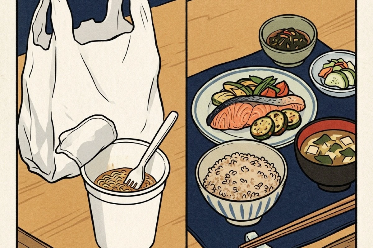 深夜のコンビニ袋と食べかけのカップ麺（左）vs 冷蔵庫から出した作り置きの整った